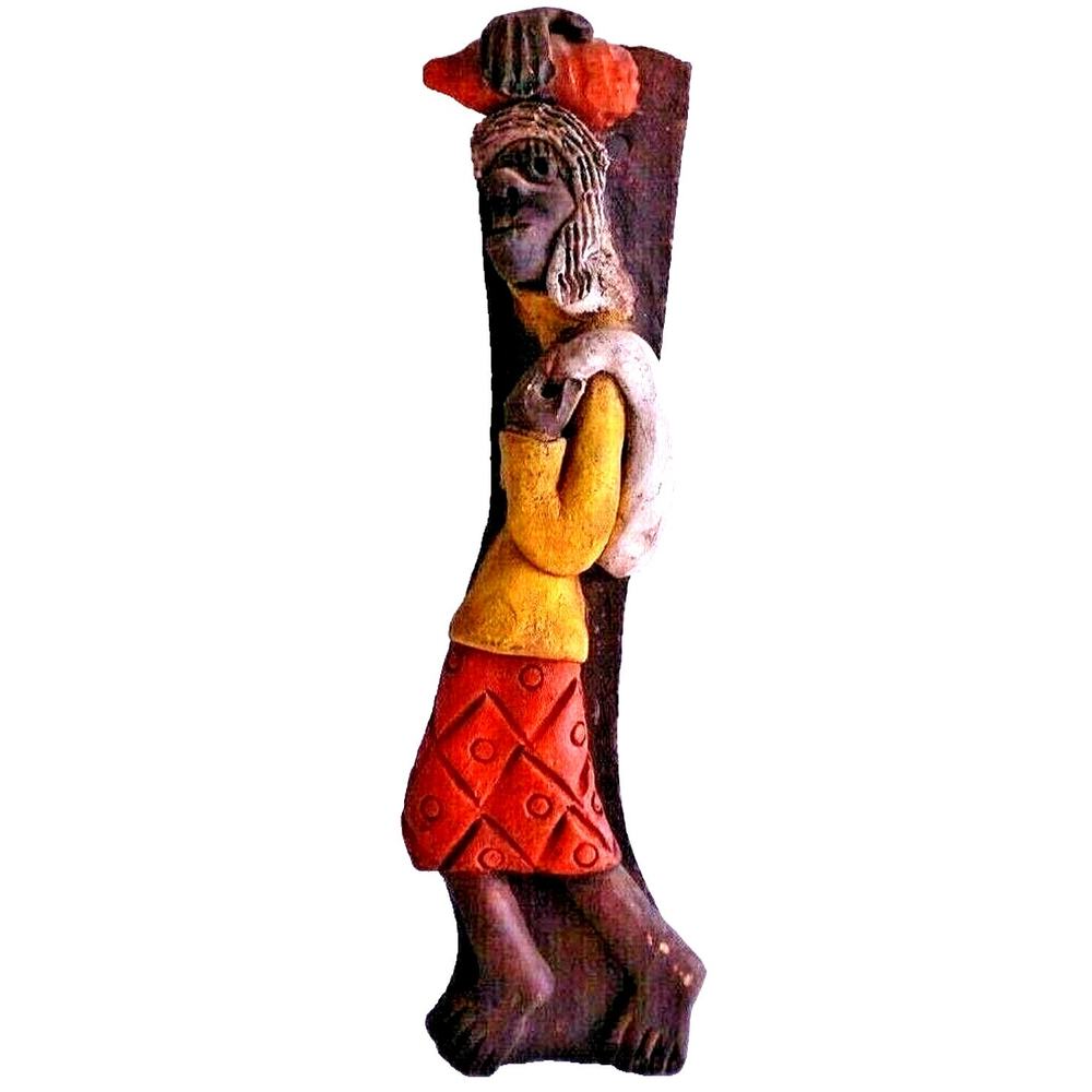 Vintage Terracotta Hand Painted Carved Haiti Woman Figure Wall Hanging Decor 14"